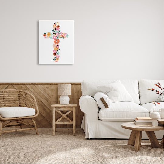 Stupell Industries Bold Flowers Cross Symbol Floral Arrangement Design Canvas Wall Art
